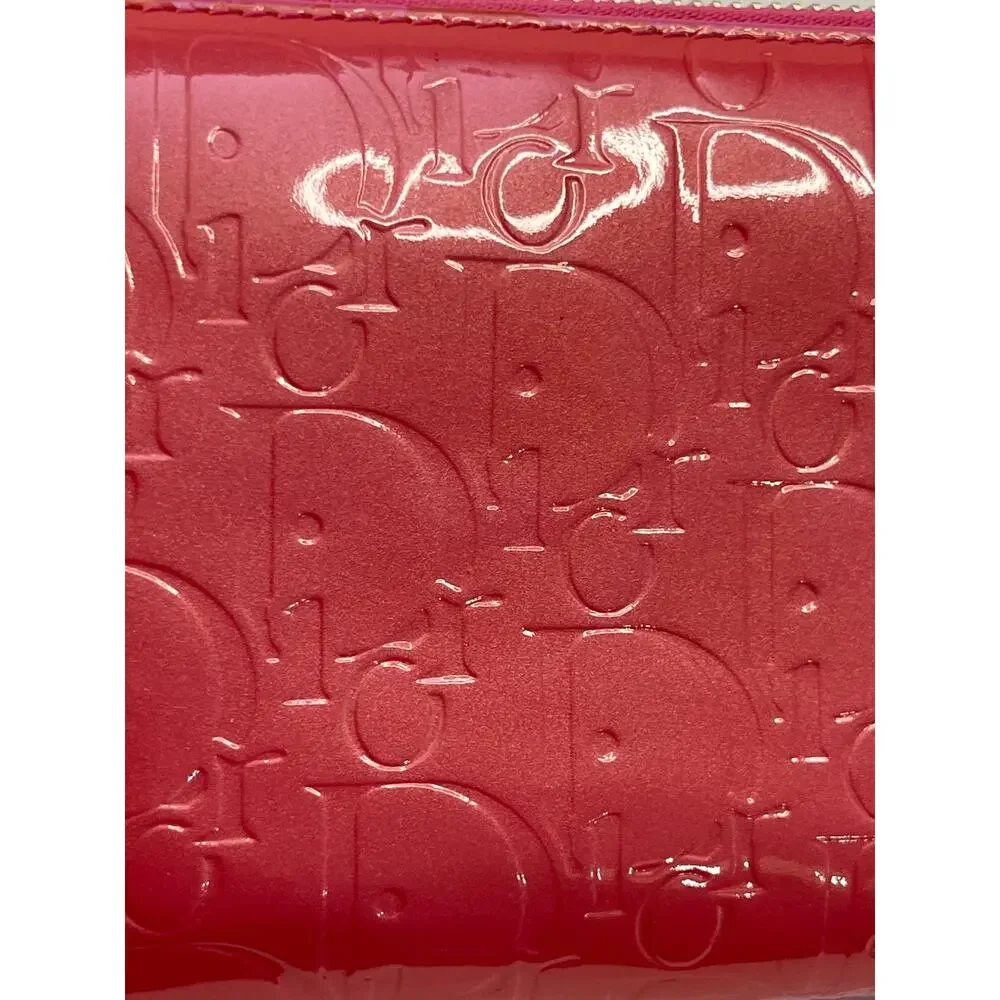 Christian Dior Pink Patent Leather Cannage Logo Zip Around Wallet Italy